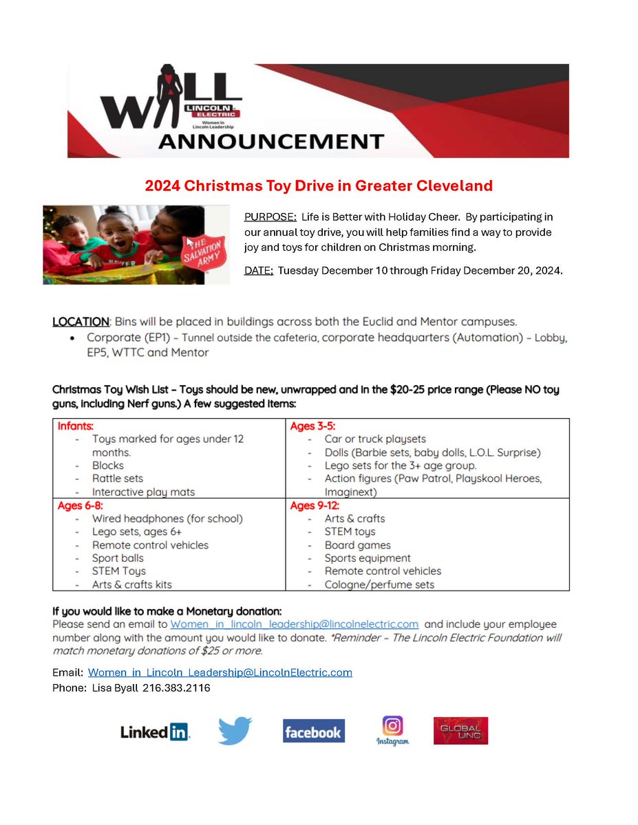 LEWILL_1895's tweet photo. W.I.L.L. - Toys for Tots Drive
Date(s): December 10, 2024 - December 20, 2024
Location(s): See below
Monetary Donations Welcome Too!
#ToysforTots #SalvationArmy #LincolnElectric #WomenInLincolnLeadership #TisTheSeasonToGive https://t.co/8bmbfARqKi