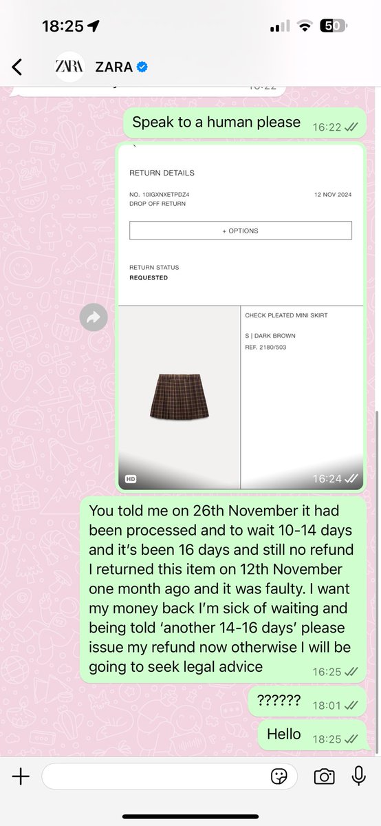 bckylwe13's tweet photo. @ZARA  been waiting for a refund for a whole month now on a FAULTY item!! Been back and forth on the chat and getting no where now being ignored!!! #zara #zararefund https://t.co/RHRxWVVICi
