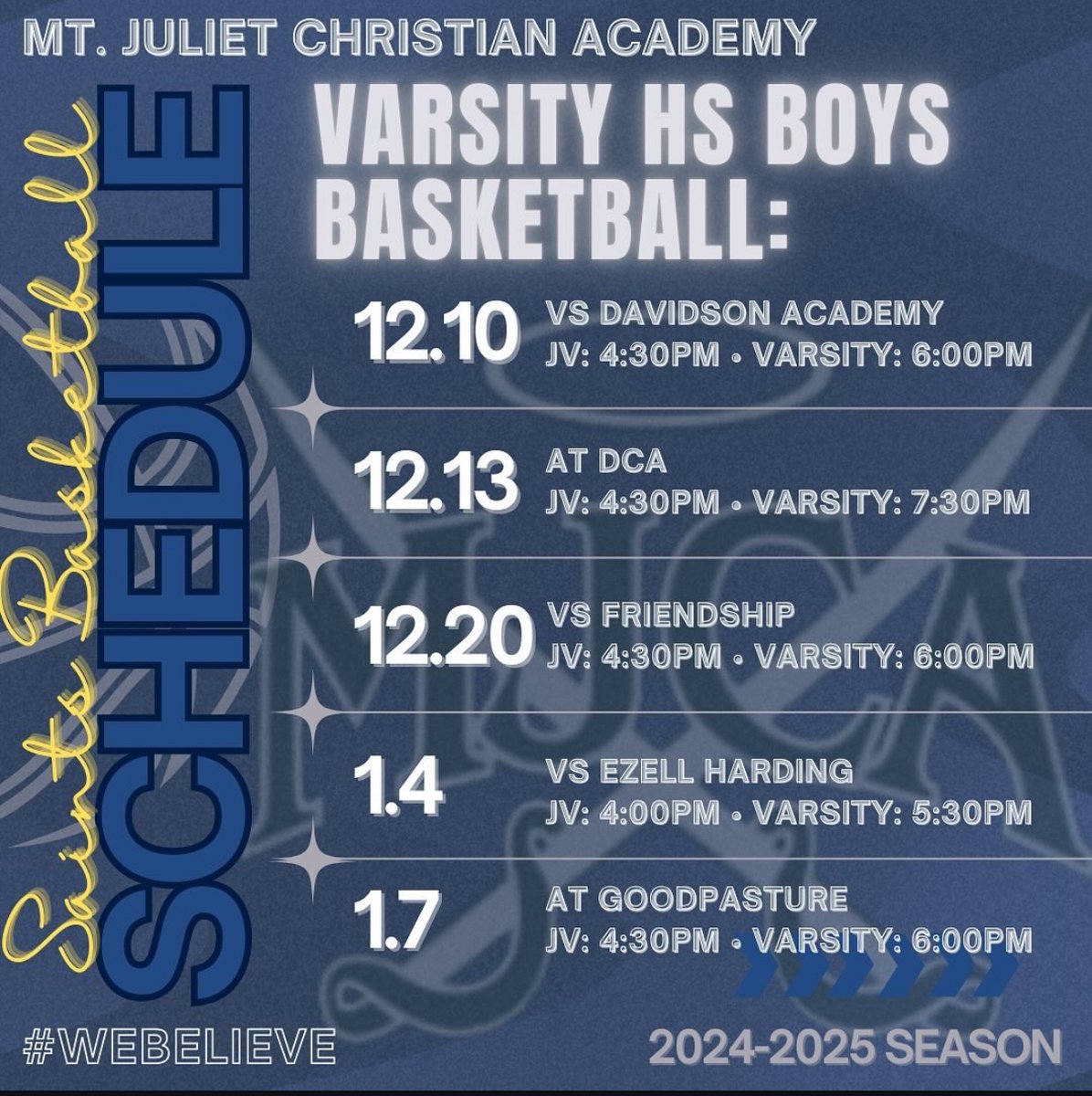 mjcasaints's tweet image. ⚔️ 🏀 ⚔️ HIGH SCHOOL BOYS BASKETBALL SCHEDULE (next 5 games!)
Let's go SAINTS!
#mjcathletics #MJCA #SAINTSHOOPS #LetsgoSaints #Saints