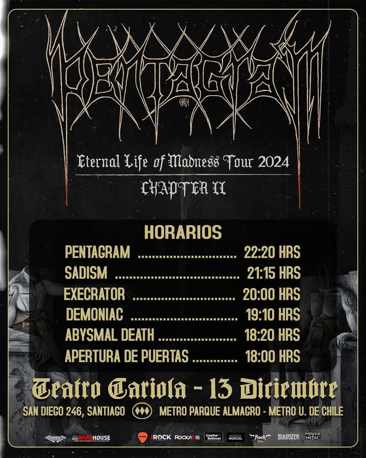 chileanhorsemen's tweet photo. #ScanningTheScene🇨🇱
Ya estan los horarios para lo que será el cierre de la gira soporte del disco Eternal Life of Madness de #Pentagram donde se hacen acompañar de importantes nombres de nuestra escena.
La invitación ya esta hecha, nos vemos!
#TheChileanHorsemen
#LocalChapter78 https://t.co/FIBJUGm06R