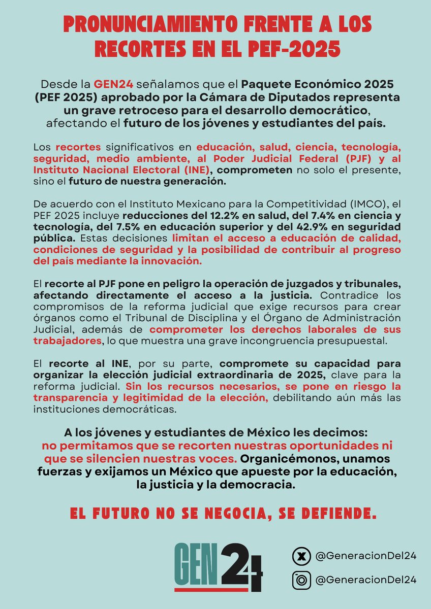 📢 ¡EL FUTURO NO SE NEGOCIA, SE DEFIENDE!

Desde GEN24 rechazamos los recortes al PEF 2025, que ponen en riesgo el acceso a educación, salud, ciencia, tecnología, justicia y democracia.

#GEN24 #ElFuturoSeDefiende