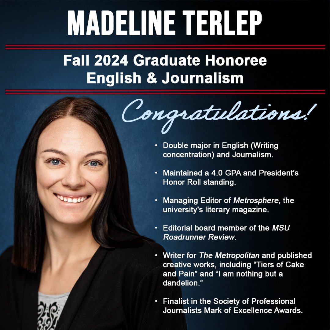 MSUDenverEng's tweet photo. Madeline Terlep is the Fall 2024 Graduate Honoree for English and Journalism—the first student to simultaneously earn this distinction in both departments! Her dedication, talent, and leadership inspire us all. Congratulations, Madeline! We are so proud! https://t.co/0TkC30Rz63