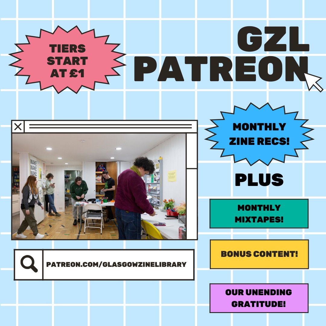 👀 did you know we have a Patreon?

If you like what we do and want to help keep the Library going you can become a GZL patron!

we share monthly themed zine recommendations from our collection, themed mixtapes and more! tiers start at £1!

patreon.com/glasgowzinelib…