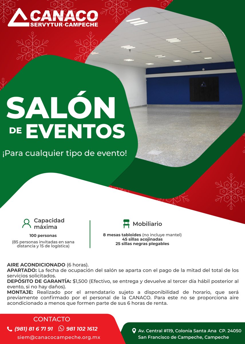 No sabes donde realizar tu posada del trabajo, de la escuela o algún convivió familiar en estas fiestas decembrinas  ⁉️ 🎄🎁🎅

Tenemos para ti nuestras salas disponibles:
🔹𝐒𝐚𝐥𝐚 𝐄𝐱𝐩𝐫𝐞𝐬𝐢𝐝𝐞𝐧𝐭𝐞𝐬
🔹𝐒𝐚𝐥𝐨́𝐧 𝐝𝐞 𝐄𝐯𝐞𝐧𝐭𝐨𝐬

#CANACOCampeche #FamiliaCANACO