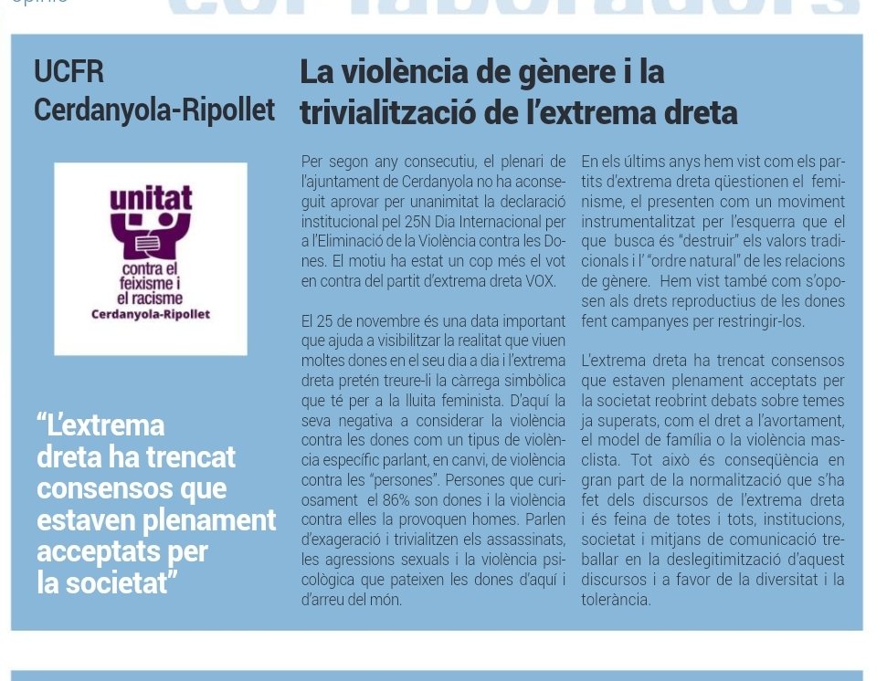 Avui el <a href="/cerdanyolaaldia/">Cerdanyola al dia</a> ens ha publicat un article d'opinió en el que parlem de com l'extrema dreta trivialitza la violència contra les dones amb els seus discursos reaccionaris