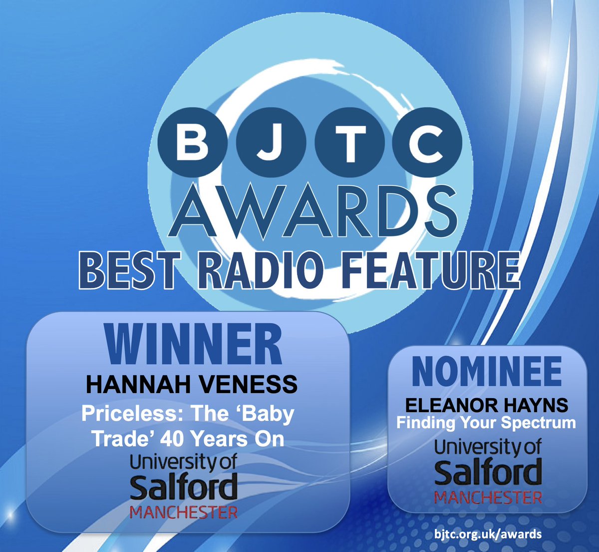 BJTC - Industry Accredited Journalism Courses (@bjtc_uk) on Twitter photo Congratulations!
BJTC Journalism Award #bjtcawards
BEST RADIO FEATURE winner <a href="/hannahveness1/">Hannah Veness</a> and runner up Eleanor Hayns from <a href="/UoSJournalism/">Salford Journalism</a>
See more bjtc.org.uk/awards Congratulations!
BJTC Journalism Award #bjtcawards
BEST RADIO FEATURE winner <a href="/hannahveness1/">Hannah Veness</a> and runner up Eleanor Hayns from <a href="/UoSJournalism/">Salford Journalism</a>
See more bjtc.org.uk/awards