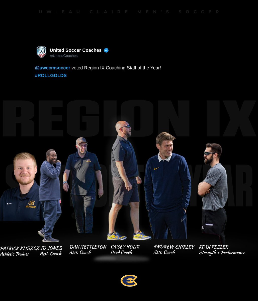 Your 2024 North Region Coaching Staff of the Year, as voted on by <a href="/UnitedCoaches/">United Soccer Coaches</a> 

Head Coach - Casey Holm
Assistant Coaches - Andrew Shirley, Dan Nettleton, and JD Jones
Strength and Performance Coach - Kodi Fezler
Athletic Trainer - Patrick Kliszcz

#WinTheDay | #RollGolds🔵🟡