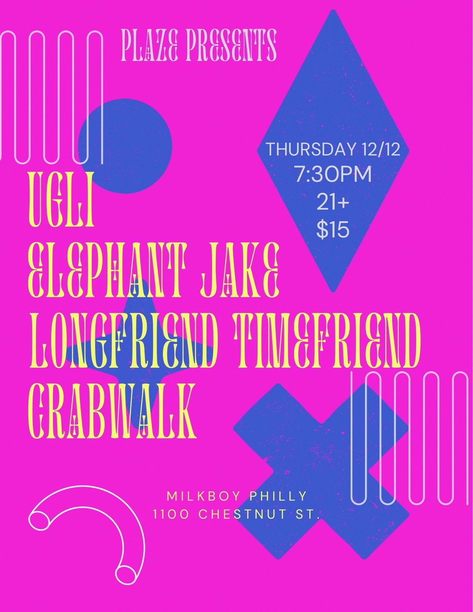 Plaze (@plaze_music) on Twitter photo BIG show tonight <a href="/MilkBoyPhilly/">MilkBoy Philadelphia</a> with <a href="/crabwalkband/">crabwalk</a> <a href="/ElephantJakeNY/">Elephant Jake</a> <a href="/LFTFtheband/">Longfriend Timefriend ✨️NEW ALBUM OUT NOW✨️</a> and <a href="/mybandisugli/">UgLi</a> - doors 7 show 7:30 - be there. BIG show tonight <a href="/MilkBoyPhilly/">MilkBoy Philadelphia</a> with <a href="/crabwalkband/">crabwalk</a> <a href="/ElephantJakeNY/">Elephant Jake</a> <a href="/LFTFtheband/">Longfriend Timefriend ✨️NEW ALBUM OUT NOW✨️</a> and <a href="/mybandisugli/">UgLi</a> - doors 7 show 7:30 - be there.