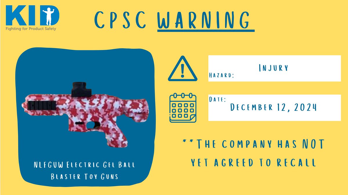 WARNING: CPSC Warns Consumers to Immediately Stop Using NLFGUW Electric Gel Ball Blaster Toy Guns Due to Eye Injury Hazard; Violation of the Federal Regulations for Projectile Toys; Sold by US TK on Amazon.com.
Link: cpsc.gov/Warnings/2025/…