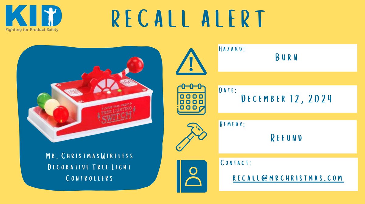 RECALL ALERT: Mr. Christmas Recalls Wireless Decorative Tree Light Controllers Due to Fire Hazard.
Link: cpsc.gov/Recalls/2025/M…