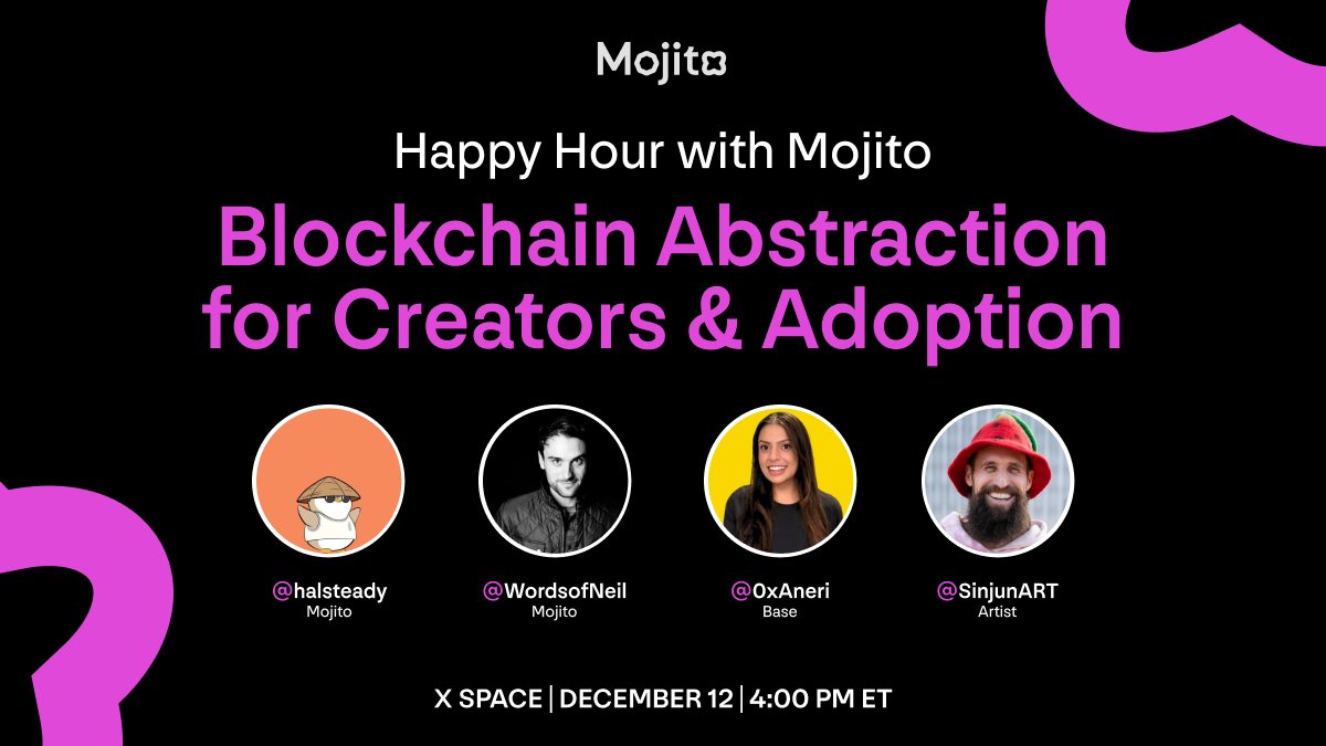 Mojito (@mojito_nft) on Twitter photo Does the blockchain need to be invisible?
Should content creators be onchain?
How do move from "consumer crypto" to just "consumer"?
Tune in at 4 PM ET on X Spaces to hear from <a href="/WordsofNeil/">Neil Mullins</a>, <a href="/0xAneri/">aneri.base.eth</a>, & <a href="/SinjunART/">Sinjun</a> moderated by <a href="/halsteady/">halsteady</a> to get the answers ✨ Does the blockchain need to be invisible?
Should content creators be onchain?
How do move from "consumer crypto" to just "consumer"?
Tune in at 4 PM ET on X Spaces to hear from <a href="/WordsofNeil/">Neil Mullins</a>, <a href="/0xAneri/">aneri.base.eth</a>, & <a href="/SinjunART/">Sinjun</a> moderated by <a href="/halsteady/">halsteady</a> to get the answers ✨