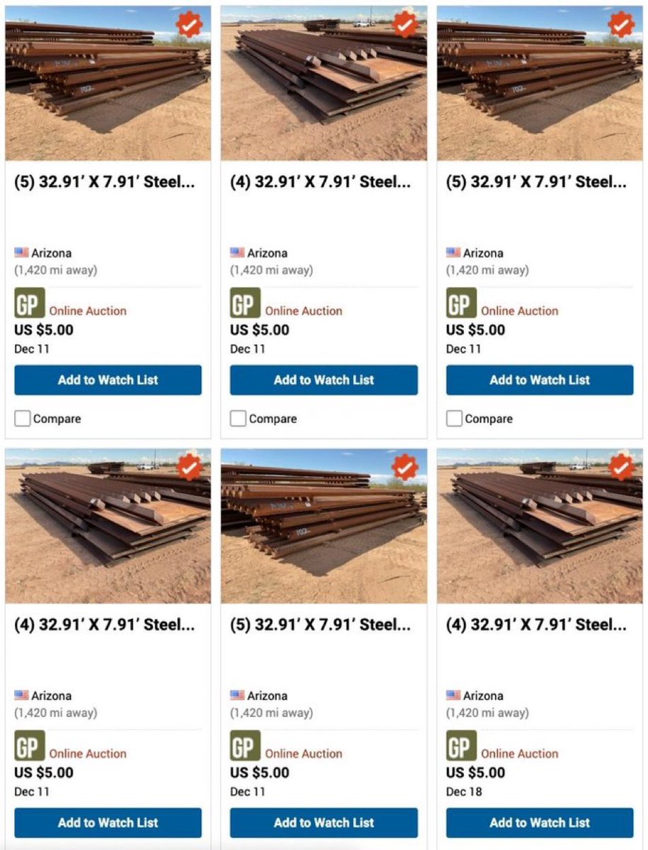 RyanAFournier's tweet photo. The Biden Administration is RUSHING to sell the materials needed to build a wall before Trump takes office.

Steel pillars are going for as low as $5 a piece.

They really hate this country. https://t.co/CIwvrCYidU