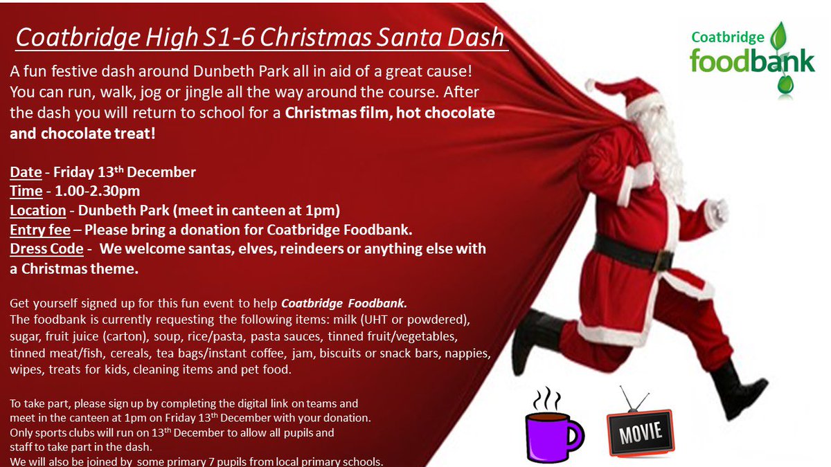 CHSFutureFriday's tweet photo. Tomorrow is our annual Santa Dash in aid of Coatbridge Community Foodbank. We are looking forward to @GreenhillPS, @TownheadPS  and @ShawheadPS  joining us to take part! We are excited for a fun-filled festive afternoon! 

@CoatbridgeHigh 🎅🎄 https://t.co/JfUBg6AUo9