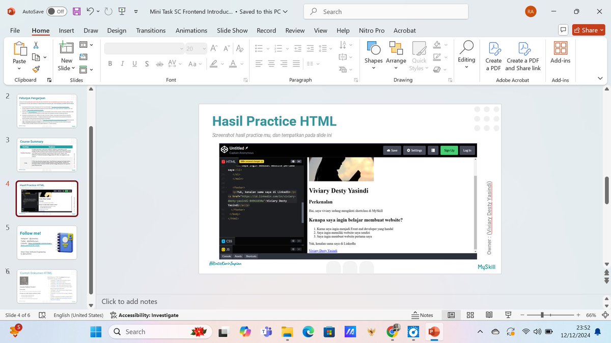 justlikeonly7's tweet photo. Hari ini saya mengikuti Short Class Frontend in Website Development dari @myskill_id  #LearnAtMySkill ini pengalaman saya sebagai pemula membuat portofolio menggunakan program yang digunakan frontend yakni HTML. Terima kasih MySkill kelas hari ini sangat menarik dan bermanfaat! https://t.co/hHLqf9rDNs