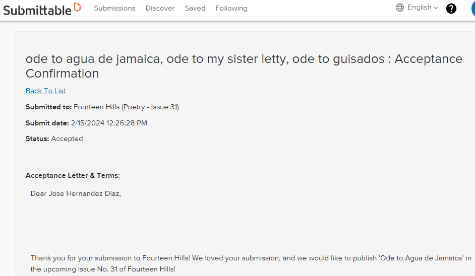 All my new odes, written in workshops w/my students, are starting to land. Just sent over a signed contract to Fourteen Hills out of SFSU MFA Program.