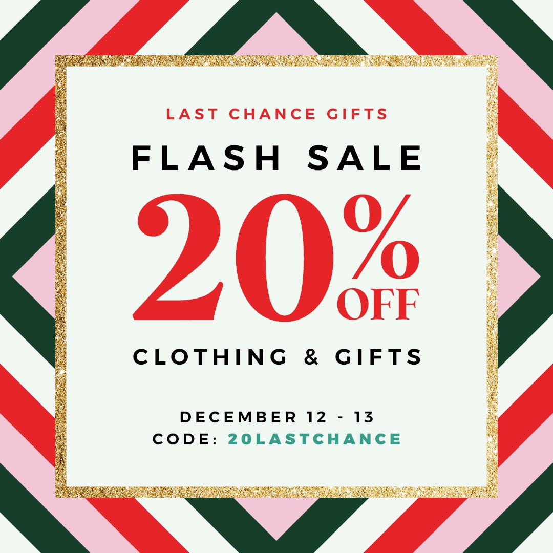 It’s a two day sale! Get 20% off clothing &amp; gifts today and tomorrow, in-store and online.
Online use code: 20LASTCHANCE
Exclusions apply.