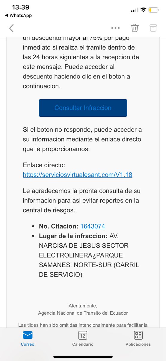 Hugo12fer's tweet photo. @ANT_ECUADOR buenos días estimados Ant, me llegó un correo a l bandeja de no deseados de una infracción de tránsito. Podría indicarme si es real o no, porque parecería que no lo es. No se si esos correos les partecen https://t.co/13GITaORsm