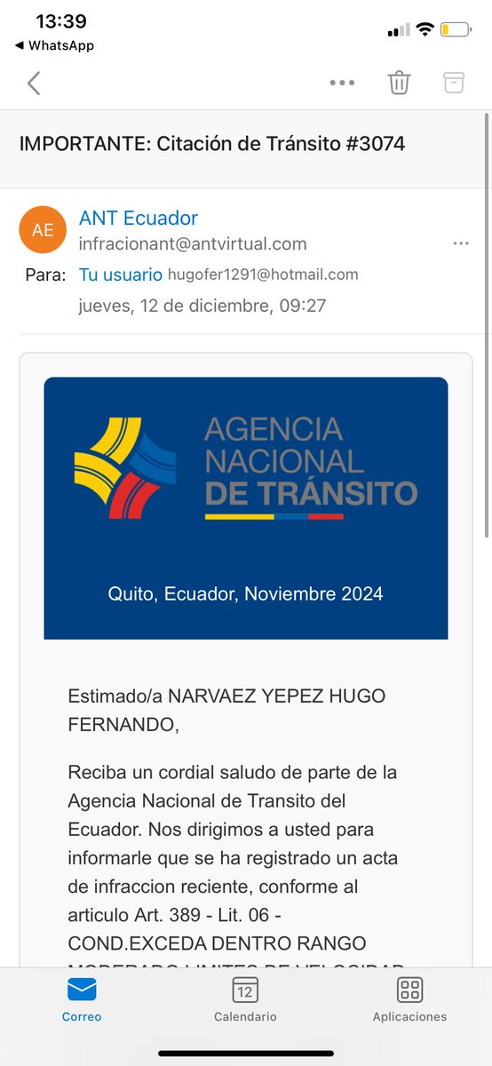 Hugo12fer's tweet photo. @ANT_ECUADOR buenos días estimados Ant, me llegó un correo a l bandeja de no deseados de una infracción de tránsito. Podría indicarme si es real o no, porque parecería que no lo es. No se si esos correos les partecen https://t.co/13GITaORsm