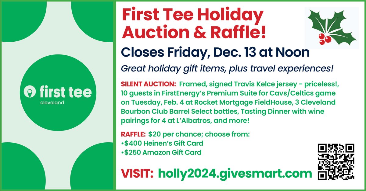 Less than 24 hours left to participate in our Holiday Auction &amp; Raffle! Closes at Noon Fri, Dec 13. To enter: holly2024.givesmart.com
Bid on a framed, signed TRAVIS KELCE jersey, Suite for Cavs/Celtics game Feb. 4 (10 guests), Bourbon, Tasting Dinner for 4 at L'Albatros &amp; more!