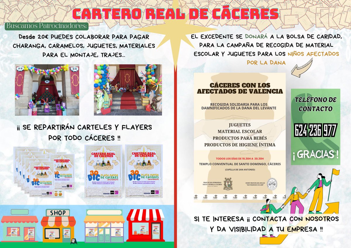 *CARTERO REAL* 👑

Nuestro Grupo Joven de la Hermandad está inmerso en la búsqueda de patrocinadores del cartero real. 
Si tienes una empresa o eres autónomo y quieres patrocinar el evento, infórmanos!!. El excedente se donará para la recogida de Material Escolar y Juguetes.