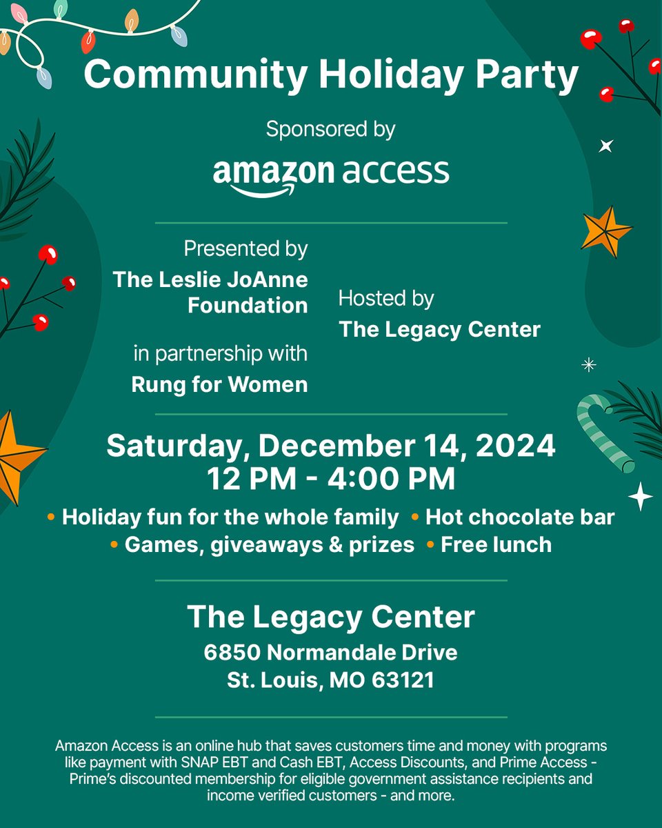 RungforWomen's tweet image. Let’s get FESTIVE! Join us this Saturday at The Legacy Center from 12PM - 4PM for the Community Holiday Party presented by #TheLeslieJoAnneFoundation and sponsored by #amazonaccess. Enjoy a free lunch, sip some hot chocolate, and come visit the Rung for Women table!