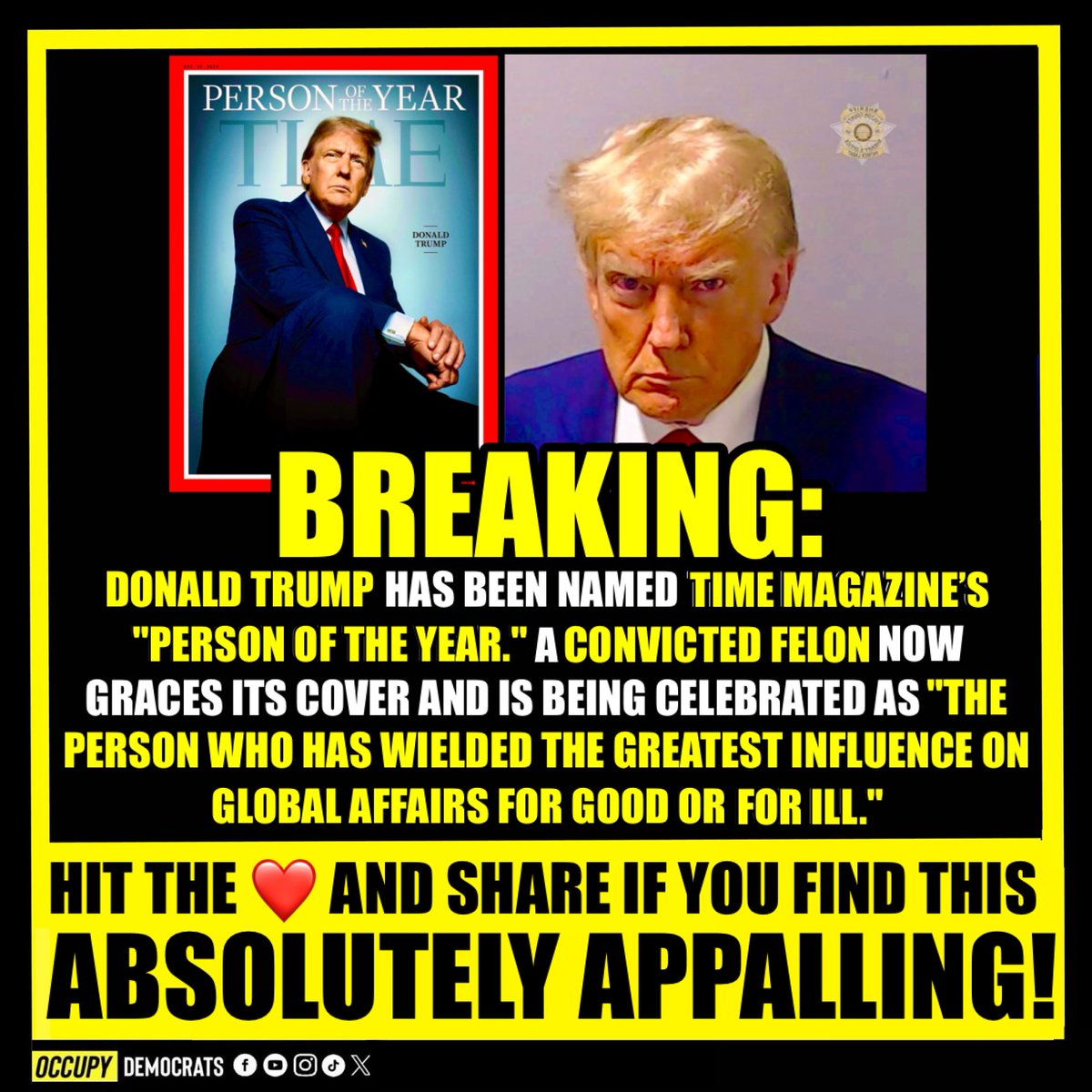 OccupyDemocrats's tweet photo. Shame on Time magazine! Hit the ❤️ and retweet if you agree! Follow us 👉@OccupyDemocrats @Poptivism_ ‼️#Trump #DonaldTrump #TrumpIsUnfitForOffice #Time #TimeMagazine #TimeMag #timepersonoftheyear https://t.co/dmj24nxl1b