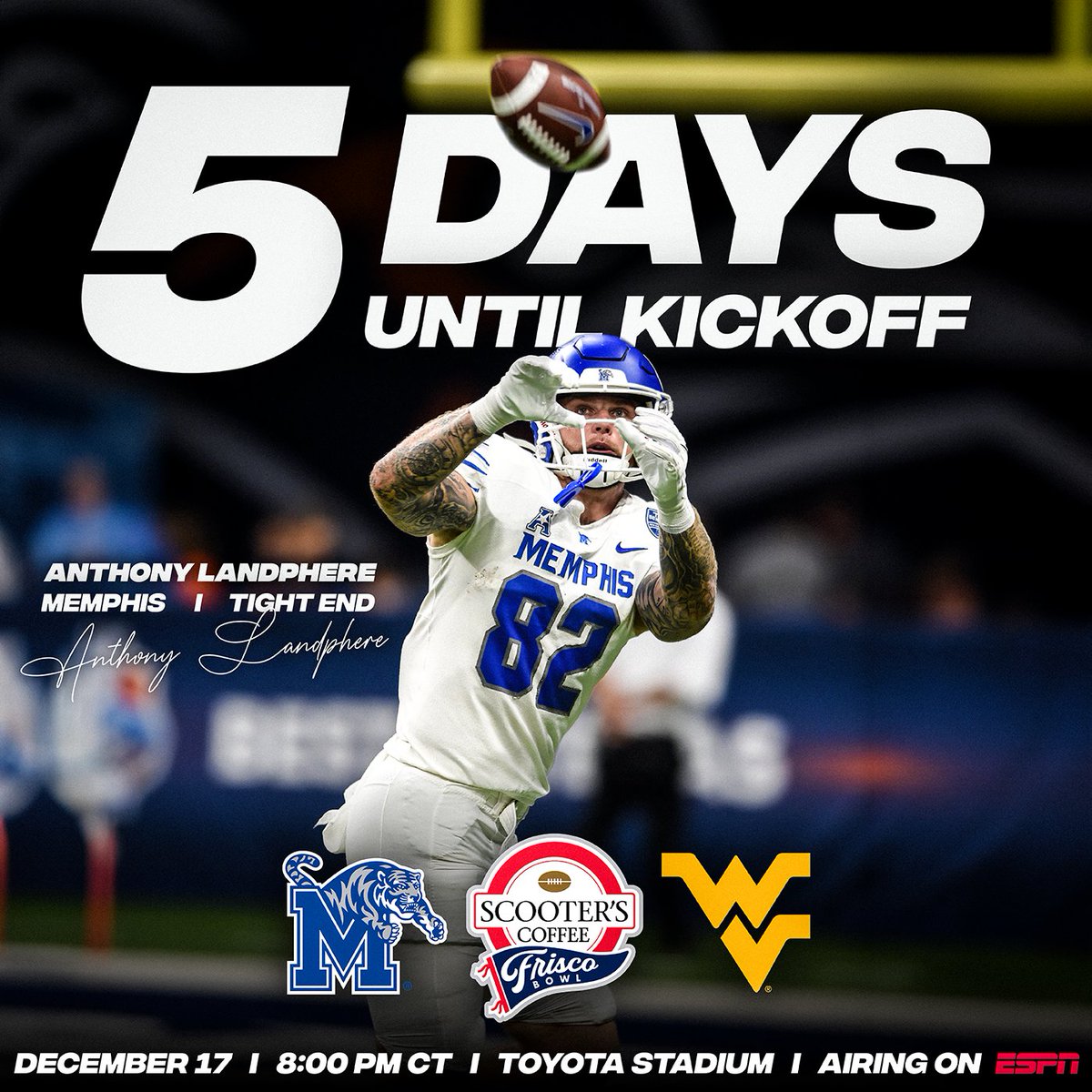 5 DAYS UNTIL KICKOFF! Today, we’re highlighting Anthony Landphere from Memphis. Landphere was named to the AAC All-Conference First Team after a dominant 2024 campaign. 

🎟️: thefriscobowl.com/tickets/

#FriscoBowl #BowlSeason #CFB #ALLIN #GoTigersGo