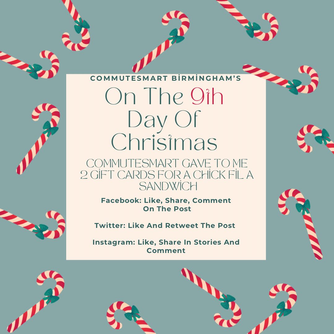 Didn’t win the first time around?! Don’t worry you’ve got another chance to win two gift cards for a Chick Fil A sandwich or Nuggets! #12daysofgiveaways #commutesmartbham