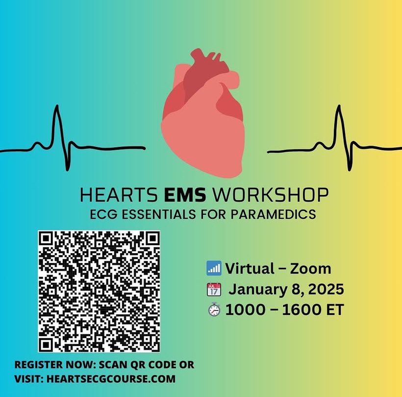 HEARTS #EMS workshop: #ECG essentials for paramedics 
✅ systematic interpretation 
✅ evidence-based pearls 
✅ small group, interactive format
✅ practice with real cases 
Register: heartsECGcourse.com 
#paramedic <a href="/ECGcases/">Jesse McLaren</a> <a href="/EMCases/">Anton Helman</a>