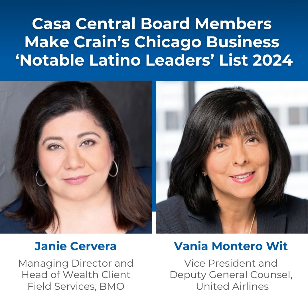 casacentral's tweet photo. Congratulations to Casa Central Board of Directors members Janie Cervera and Vania Montero Wit for making Crain’s Chicago Business’ “Notable Latino Leaders” List for 2024! Thanks for your hard work - we’re proud of your accomplishment. https://t.co/wKhEGQp3cq
#CasaCentral https://t.co/DI15HX5Y39