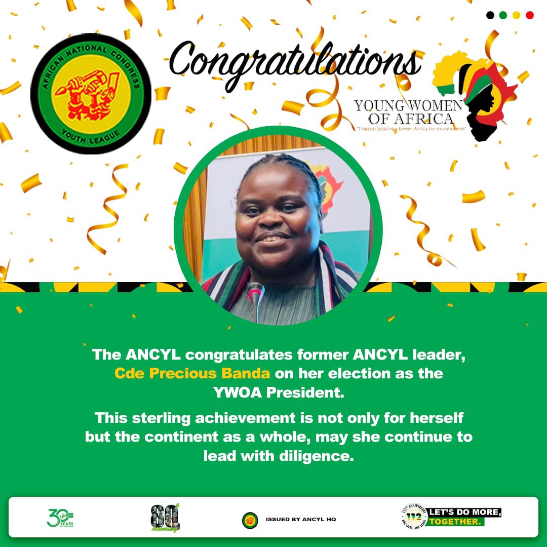 ANCYLhq's tweet photo. The ANCYL congratulates its former leader, Cde Precious Banda on her election as the YWOA President.

#ANCYLatWork https://t.co/M9aIf2XuNu