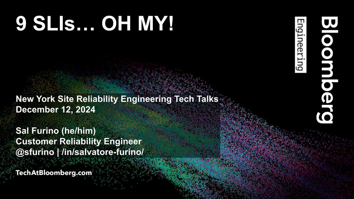 Tech At Bloomberg (@techatbloomberg) on Twitter photo Tonight's New York #SRE Tech Talks #meetup hosted by <a href="/googlesre/">Google Site Reliability Engineering</a> (6 PM EDT) will feature a talk by <a href="/sfurino/">sal furino</a> - "9 SLIs; OH MY!" - on ways engineering & product teams should think more clearly about & create better #SLIs
bloom.bg/4ff4BrV
#SLOs #systemreliability #DevOps Tonight's New York #SRE Tech Talks #meetup hosted by <a href="/googlesre/">Google Site Reliability Engineering</a> (6 PM EDT) will feature a talk by <a href="/sfurino/">sal furino</a> - "9 SLIs; OH MY!" - on ways engineering & product teams should think more clearly about & create better #SLIs
bloom.bg/4ff4BrV
#SLOs #systemreliability #DevOps