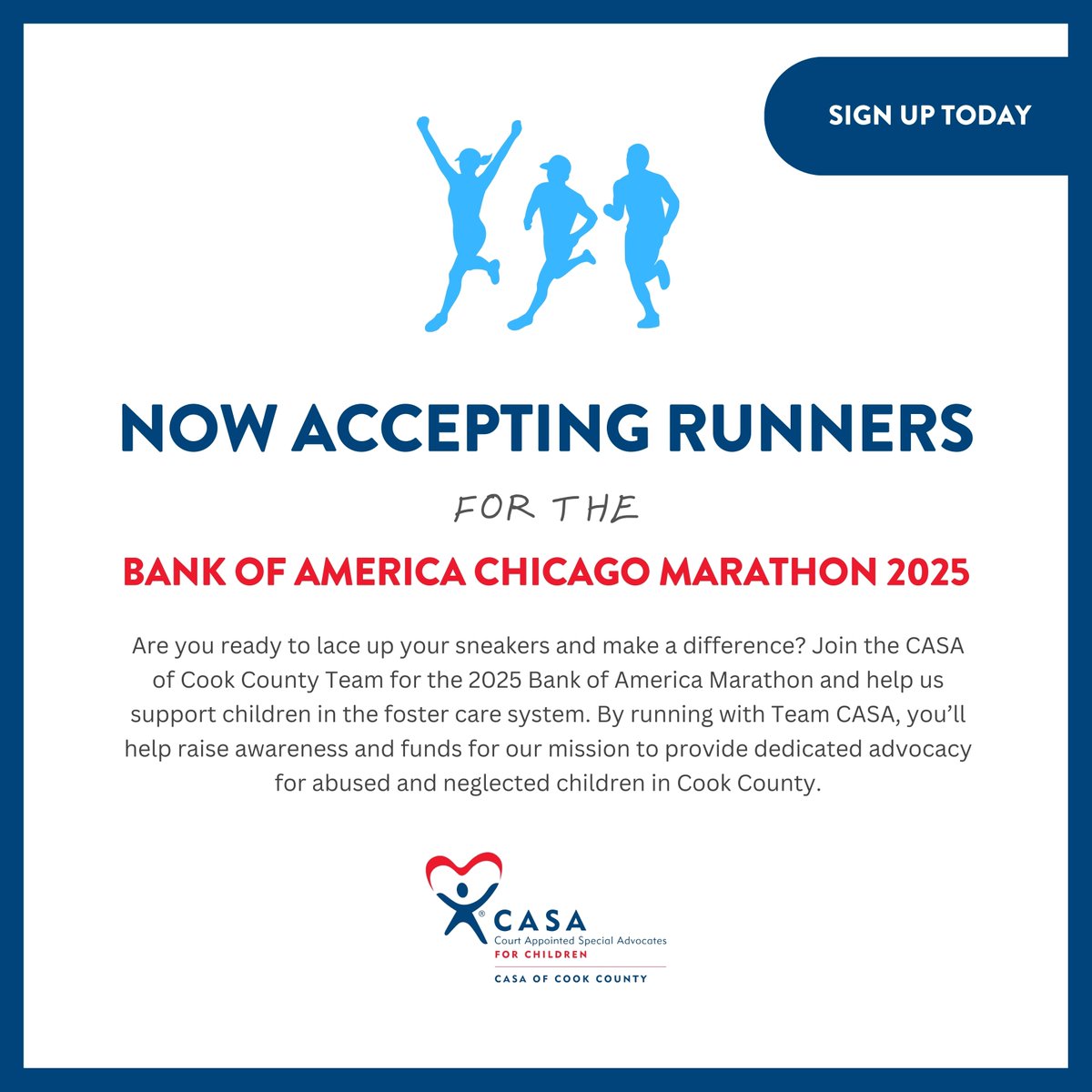 Ready to lace up your sneakers and make an impact? 🏃‍♂️🏃‍♀️ Team CASA is now recruiting runners for the 2025 Bank of America Marathon! Don’t miss your chance to run for change and be part of something meaningful. 🌟

Sign up today and start your plan ... casacookcounty.org/marathon/