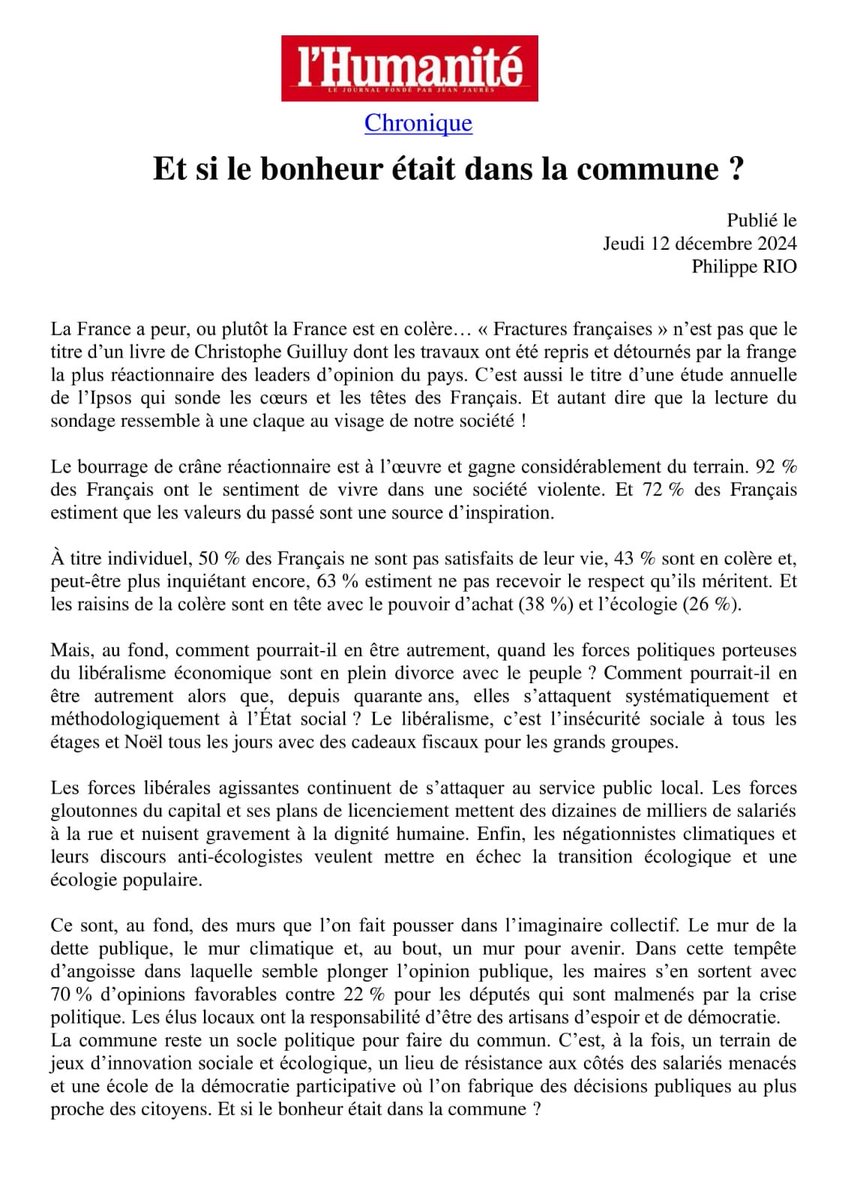 50 % des Français ne sont pas satisfaits de leur vie. 43 % sont en colère. 63 % estiment ne pas être respectés.Comment pourrait-il en être autrement? Le libéralisme, c’est l’insécurité sociale à tous les étages et les cadeaux de Noel fiscaux tous les jours pour les grands groupes
