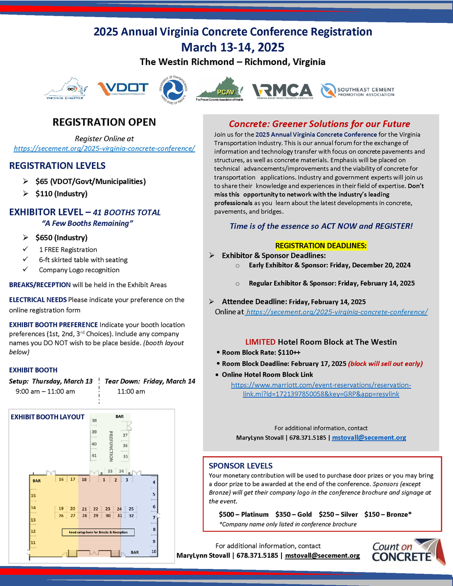 Register Today...
2025 Virginia Concrete Conference
March 13-14, 2025
The Westin Richmond
6631 West Broad Street – Richmond, VA
secement.org/2025-virginia-…