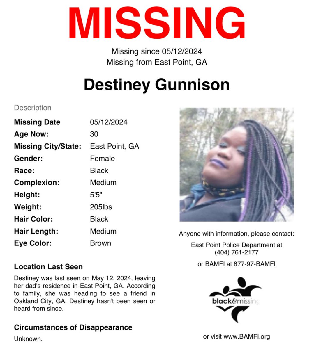 BAM_FI's tweet photo. It has been 7 months since 30y/o #DestineyGunnison went MISSING. She was last seen leaving her dad’s residence in #EastPoint, #GA on May 12. According to family, she was heading to see a friend in Oakland City, GA &amp; hasn’t been seen or heard from since. 

#HelpUsFindUs https://t.co/VKkaVrq31U