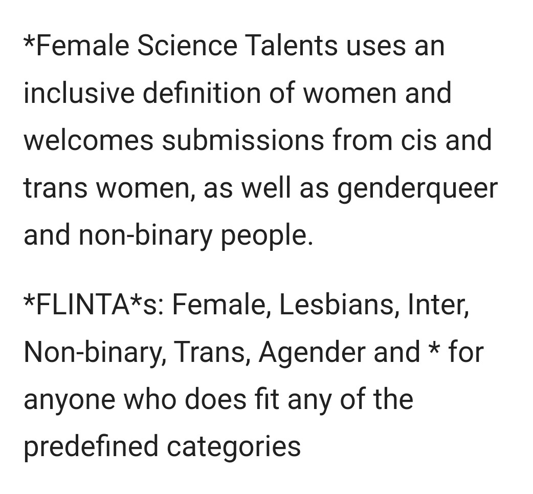 luciagallego (@lucia_acineto) on Twitter photo Sent from the Organization of Women in Science from the Developing World, a new call for grants for Female Science Talents with a new "inclusive" definition of what a Women is. We are still waiting for a new definition of what an "inclusive" Man is. All we Women need is respect! Sent from the Organization of Women in Science from the Developing World, a new call for grants for Female Science Talents with a new "inclusive" definition of what a Women is. We are still waiting for a new definition of what an "inclusive" Man is. All we Women need is respect!