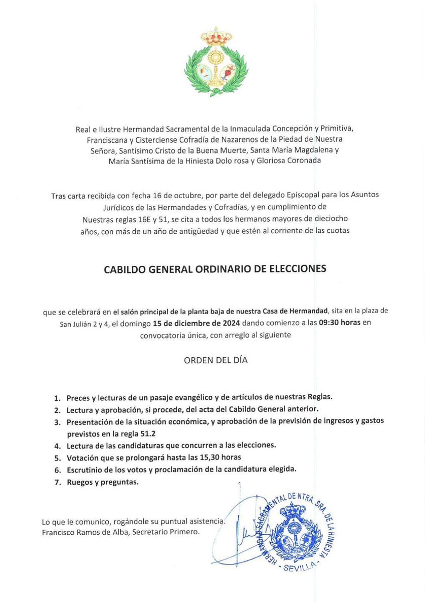 HdadHiniesta's tweet photo. 🔵 CABILDO GENERAL DE ELECCIONES 

‼️Se cita a todos los hermanos mayores de 18 años, con más de un año de antigüedad y que estén al corriente de las cuotas, el próximo domingo 15 de Dic., a las 09,30 en convocatoria única, en el salón principal de la planta baja de la Casa Hdad. https://t.co/YOqacM5JGI