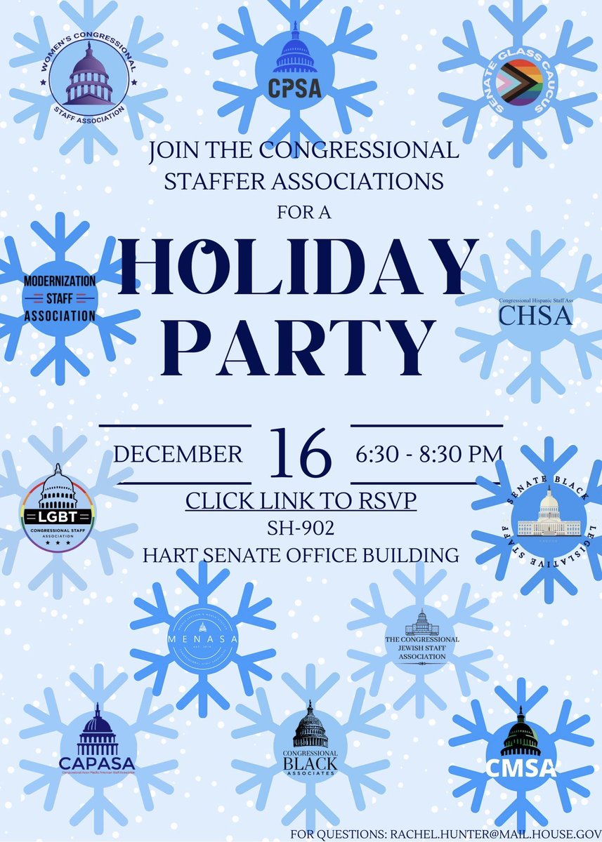 Next Monday after work, we’re thrilled to be co-hosting a joint staff association holiday party in Hart! See you there! ❄️🎉 

RSVP NOW: tinyurl.com/546r8dww

#HolidayParty #SeasonsGreetings