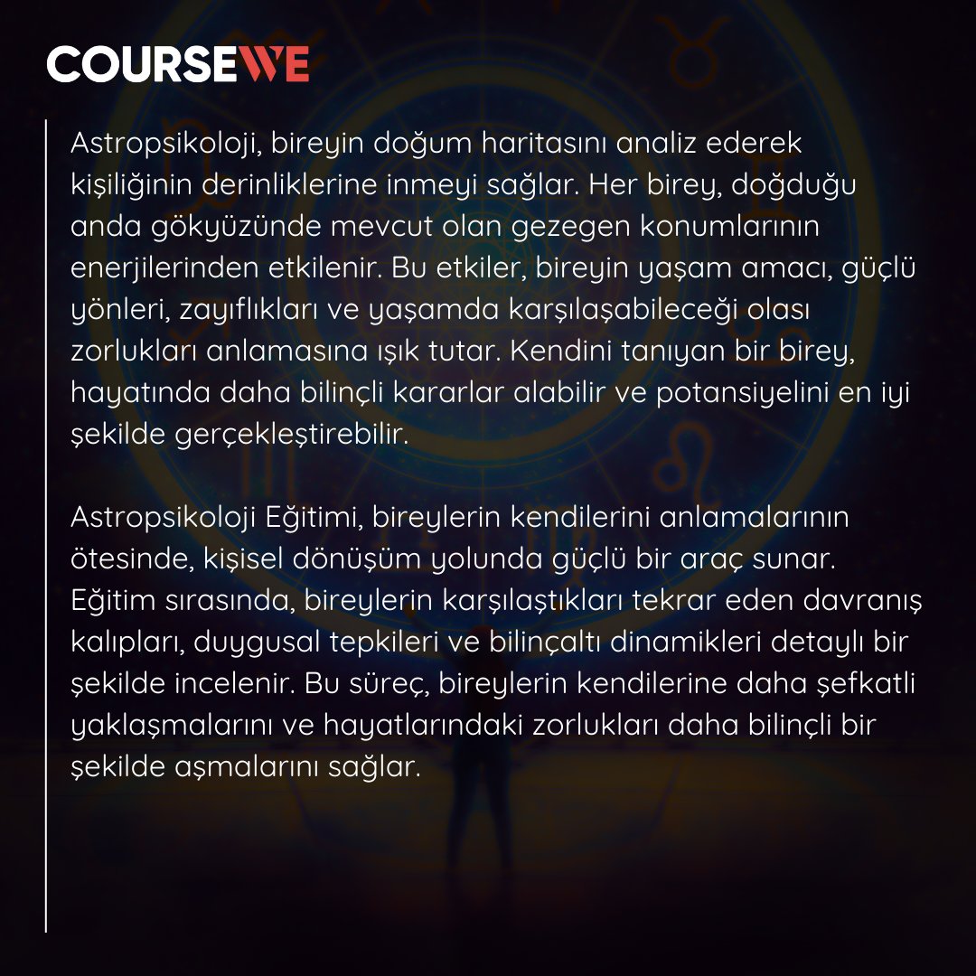 Astropsikoloji, bireyin kendini tanıması ve yaşam yolculuğunu daha bilinçli bir şekilde yönlendirmesi için eşsiz bir rehber sunar.✨

#Astropsikoloji #KişiselGelişim #YıldızlarınRehberliği #coursewe