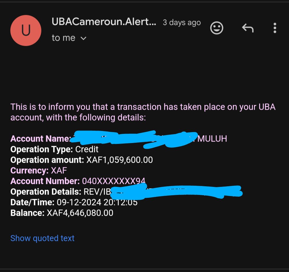 ndahi237's tweet photo. After the 10k was debited, the transaction failed and within 4 minutes, UBA Bank did a reverse transaction but instead of the 10k, they credited my account with 1M FCFA. https://t.co/vvHgkalnLL