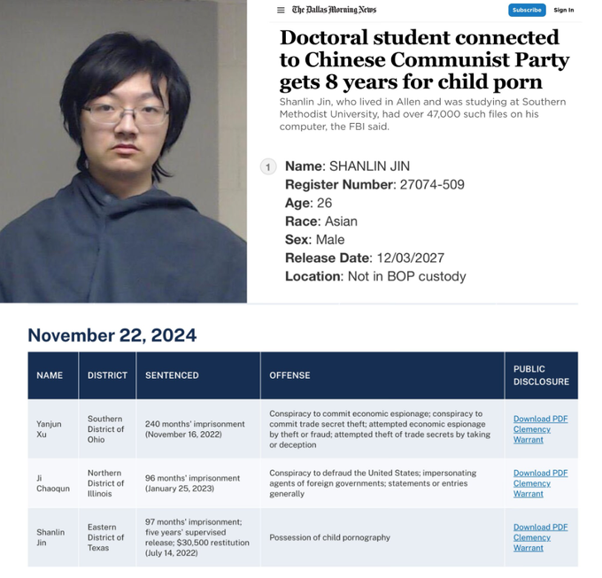 Jin Shanlin, a 26-year-old former PhD student at Southern Methodist University in Texas who admitted to possessing and distributing more than 600 child pornography images and videos, was released in a rare prisoner swap negotiated by the Biden administration!👀