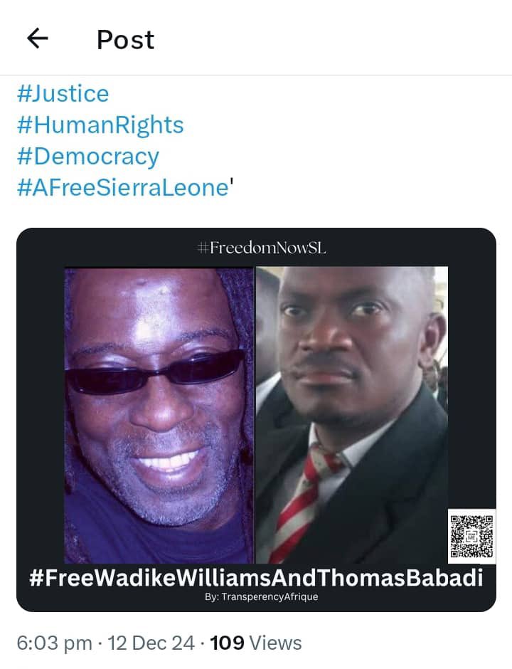 We are deeply troubled by continued detention of 2 civil society activists Wadike Williams &amp; Thomas Babadi &amp; 20+protesters peaceful citizens exercising their constitutional right 2 peaceful protest in 🇸🇱right 2 protest <a href="/SecBlinken/">Secretary Antony Blinken</a> <a href="/officialABAT/">Bola Ahmed Tinubu</a> <a href="/ICC/">ICC</a> <a href="/AmnestyWARO/">Amnesty West & Central Africa</a> <a href="/SenatorRisch/">Jim Risch</a>