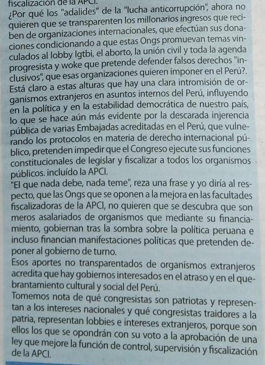 ¿Por qué incomoda tanto la fiscalización del financiamiento de las Ongs que operan en Perú?
Porque reciben financiamiento de org. extranjeras que condicionan su ayuda para actividades relacionadas con la ideología de género, el aborto, la agenda progre y woke