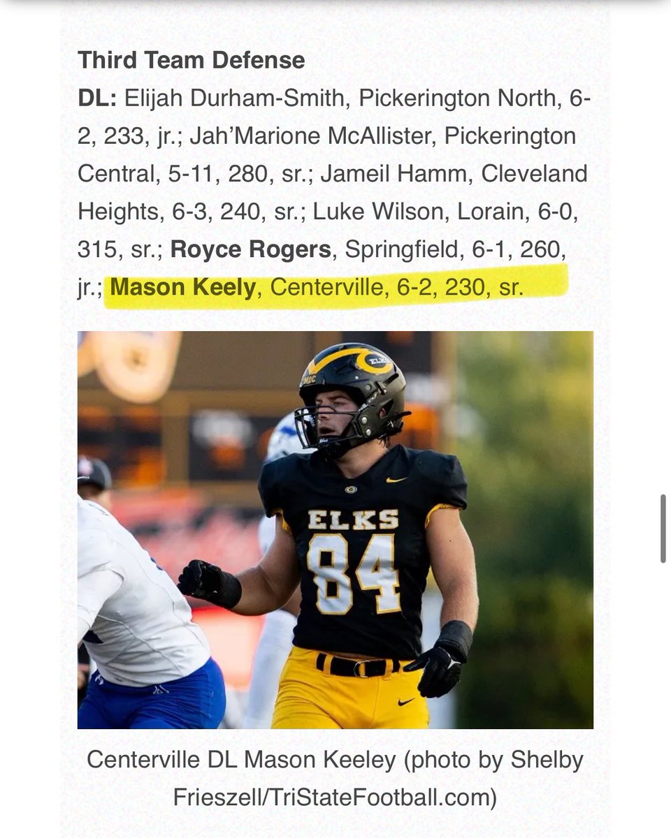 Mason Keely (@masonkeely3) on Twitter photo Thankful to have been named 1st Team All-Conference, D1 1st Team All-District, and D1 3rd Team All-State (OH)🏴
<a href="/chselksfootball/">Centerville Football</a> <a href="/chselksad/">Centerville Athletics</a> <a href="/MOCBlackshirts/">Elk Blackshirts 🏈🏴</a> <a href="/CvilleRUSHmen/">Centerville RUSHmen</a> Thankful to have been named 1st Team All-Conference, D1 1st Team All-District, and D1 3rd Team All-State (OH)🏴
<a href="/chselksfootball/">Centerville Football</a> <a href="/chselksad/">Centerville Athletics</a> <a href="/MOCBlackshirts/">Elk Blackshirts 🏈🏴</a> <a href="/CvilleRUSHmen/">Centerville RUSHmen</a>