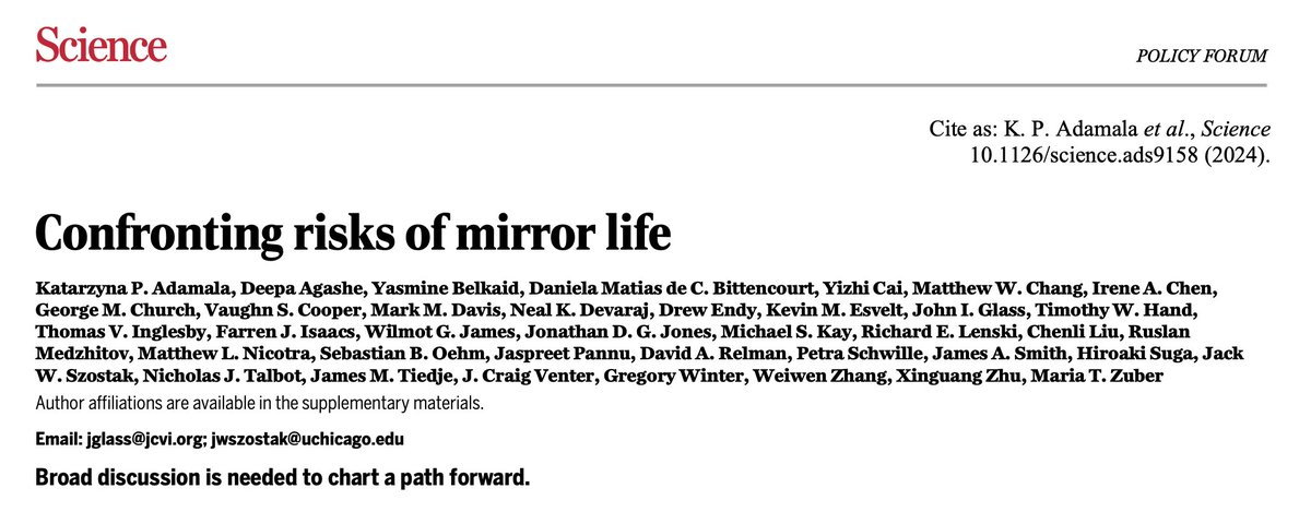 Eric Topol (@erictopol) on Twitter photo The capability for producing "mirror life" is out there and poses danger. When some scientists who worked on this became aware, they stopped pursuing it, and co-authored this piece, along with over 30 leading scientists—a <a href="/ScienceMagazine/">Science Magazine</a> policy forum that lays out the risks The capability for producing "mirror life" is out there and poses danger. When some scientists who worked on this became aware, they stopped pursuing it, and co-authored this piece, along with over 30 leading scientists—a <a href="/ScienceMagazine/">Science Magazine</a> policy forum that lays out the risks