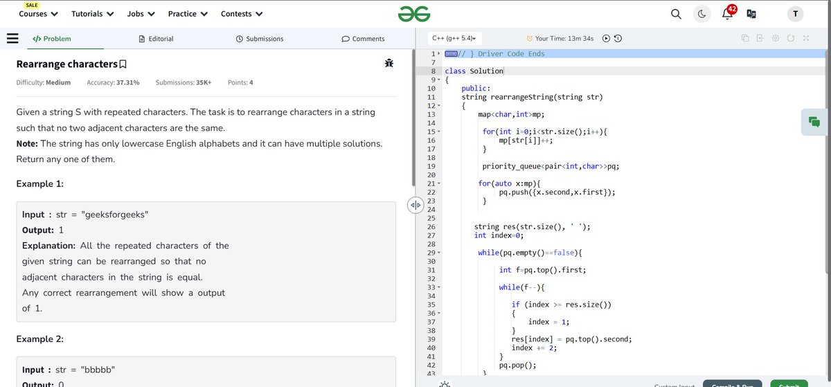 10__ishqa's tweet photo. Day 56 of #code 
Solved the problem: Rearrange characters in a string such that no two adjacent characters are the same.
#CodingJourney #CodingChallenge https://t.co/pJUTHY01mq