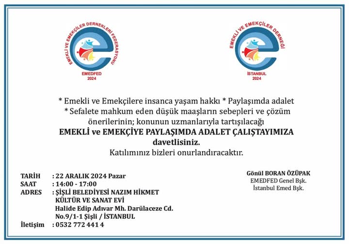 CananKo23151494's tweet photo. #DUYURU
22 Aralık 2024 tarihinde düzenleyeceğimiz
EMEKLİ VE EMEKÇİYE PAYLAŞIMDA ADALET ÇALIŞTAYIMIZDA buluşuyoruz.
Mücadelede bende varım diyen herkes davetilimizdir.
Saygılarımla
Gönül BORAN ÖZÜPAK
Emekli ve Emekçiler Dernekleri Federasyonu Genel Başkanı.
#EmedFed https://t.co/1jhfKycbGq