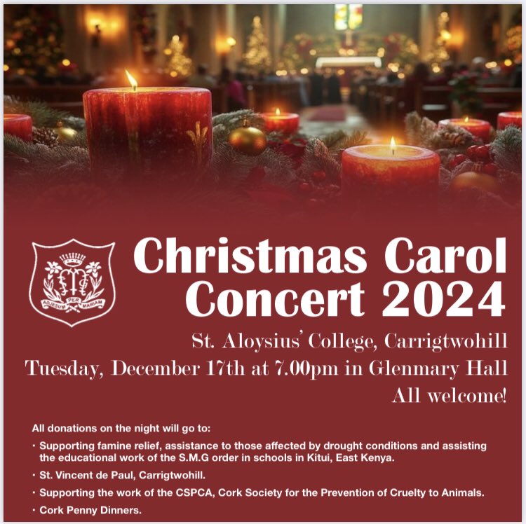 St Aloysius' College, Carrigtwohill, Co. Cork (@stalscarrig) on Twitter photo 🎄🌟 INVITATION 🌟🎄
Our annual Christmas Carol service will take place on Tuesday 17th December at 7pm in Glenmary. 
No tickets required but all donations on the night will go to very worthy causes. 
We are looking forward to welcoming you to our magical night of festive cheer 🎄🌟 INVITATION 🌟🎄
Our annual Christmas Carol service will take place on Tuesday 17th December at 7pm in Glenmary. 
No tickets required but all donations on the night will go to very worthy causes. 
We are looking forward to welcoming you to our magical night of festive cheer