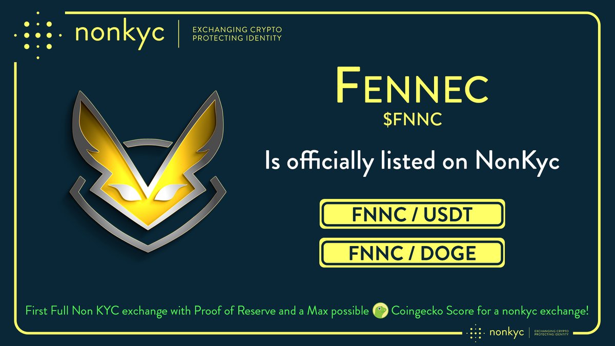 ChrisNonKyc's tweet image. #Fennec #FNNC
@Fennec_Crypto is officially listed on #NonKYC Exchange 🤩
Friendly invite: bit.ly/ChrisNonKYC
Trading pairs:
$FNNC / $USDT
$FNNC / $DOGE
Follow: @nonkyc_exchange 👌
#listing #Bitcoin #Crypto #cryptocurrency #CryptoNews #Exchange #privacy #listingalert…